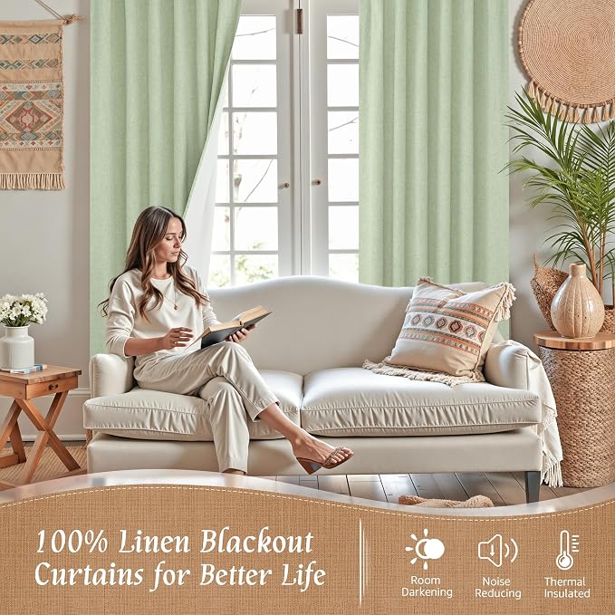 Light Green 100% Blackout Linen Curtains 80 Inches - Image 2