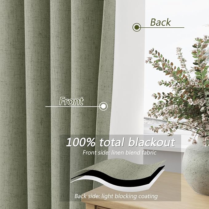 Sage Green 100% Blackout Linen Curtains 92 Inch Length 2 Panels Set - Image 4