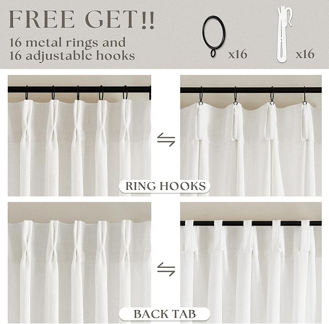 Beige White Linen Kitchen 24 Inch Curtain 2 Panels Pinch Pleat | Off White - Image 5