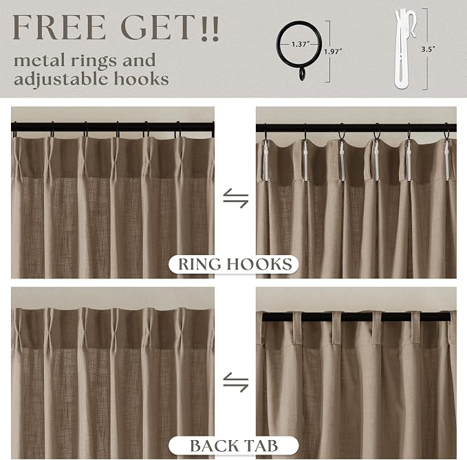 Tan Brown Light Filtering Linen Pleated Curtains - Image 4