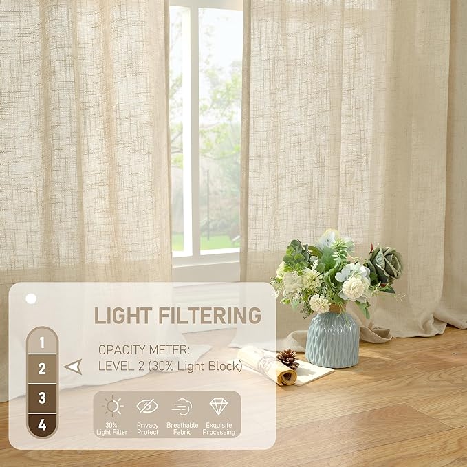Semi Sheer Linen Curtains 60 Inch Length, Light Filtering Panels | Window - Image 4