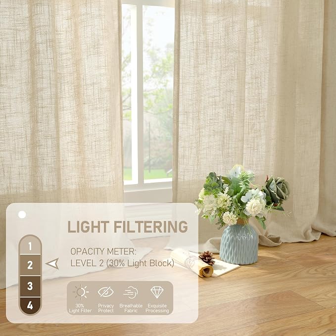 Natural Linen Curtains 90 Inch for Living Room, Semi Sheer Panels | Soft Thick - Image 4