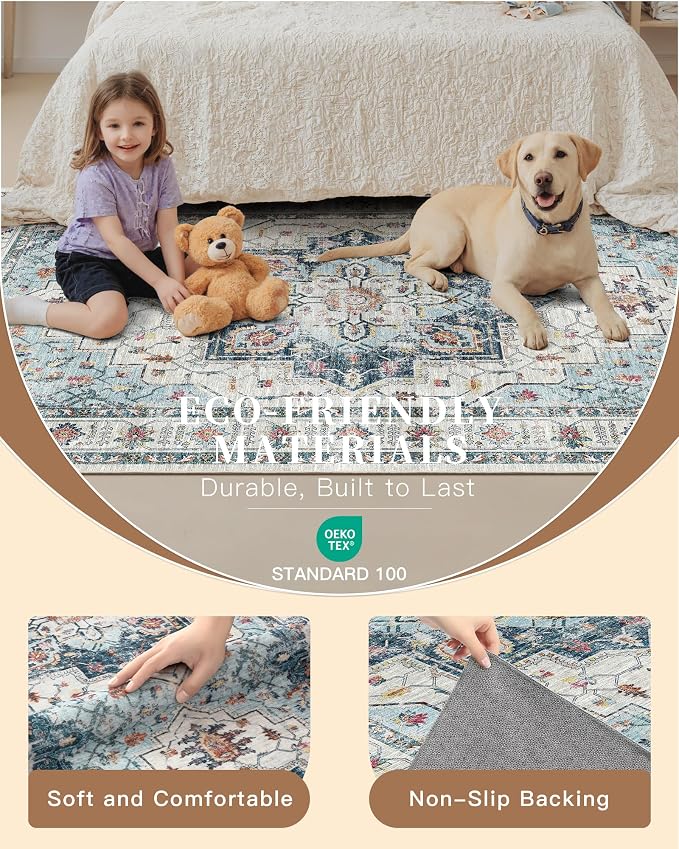 Madane Blue Runner Rug, Stain Resistant, Machine-Made, Microfiber, Living Room - Image 5