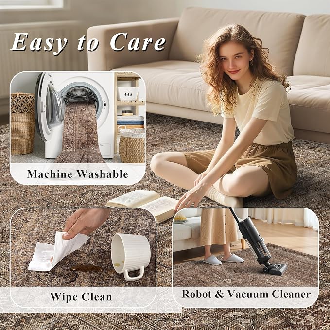 Schweek 2x3 Entryway Rugs Indoor Washable Vintage Area Rug Non Slip Brown | Low - Image 7