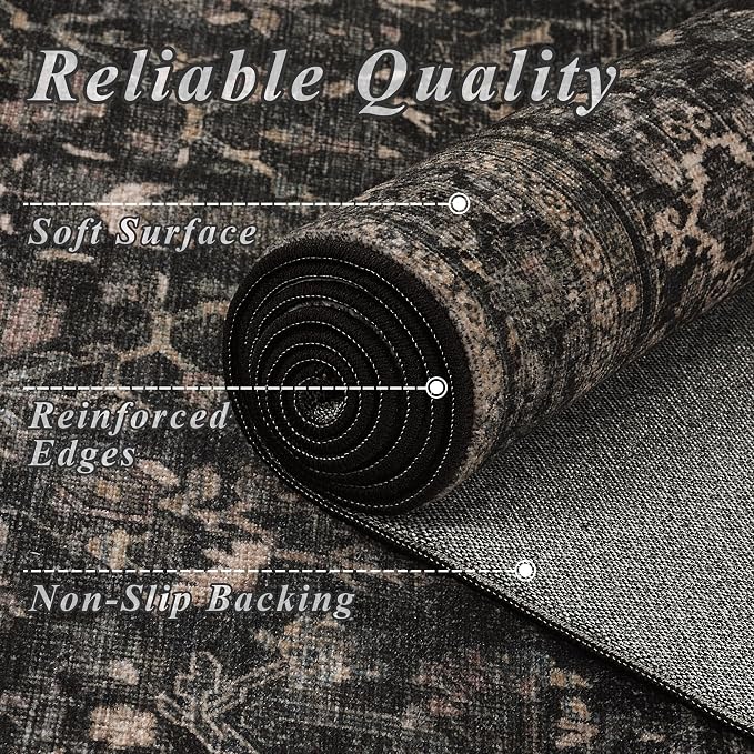 Schweek 10x14 Washable Area Rug Black Neutral Vintage Distressed Dark Rugs | - Image 5