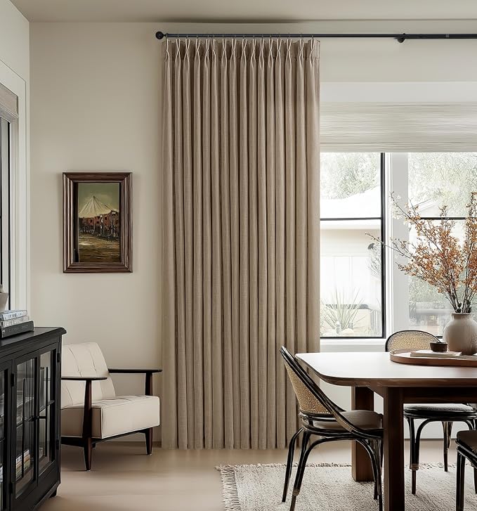 84 Inch Latte Linen Pleated Semi Sheer Vintage Curtains - Image 7
