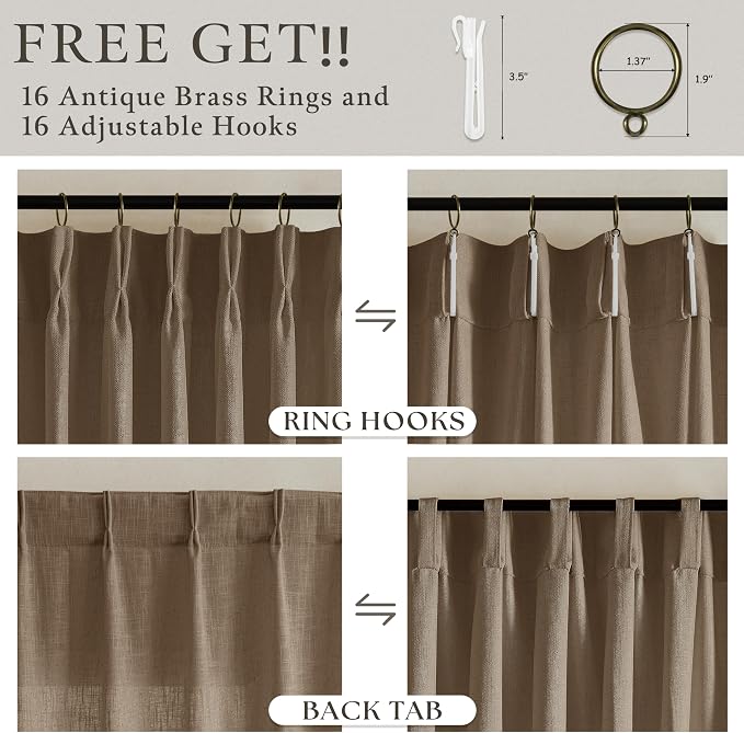 Vintage Dark Brown Pleated Linen Semi Sheer Curtains 112 Inch Long 2 Panels | - Image 6