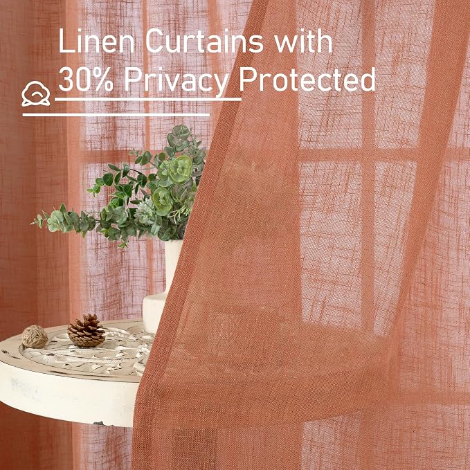 Terracotta Linen Curtains 54 Inch Length 2 Panel Set, Semi Sheer Bronze Grommet - Image 6