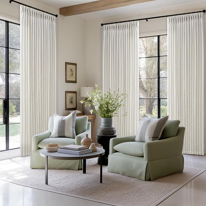 Semi Sheer Linen Pinch Pleated Boho Curtains 102 Inches Long Natural Cream | - Image 7
