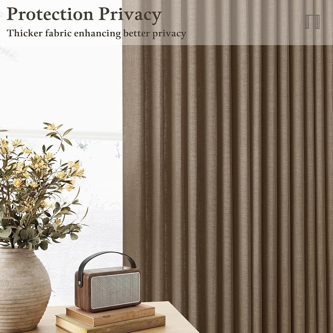 Dutch Cocoa Pleated Thick Linen Semi Sheer Curtains 108 Inch Long 2 Panels | - Image 3