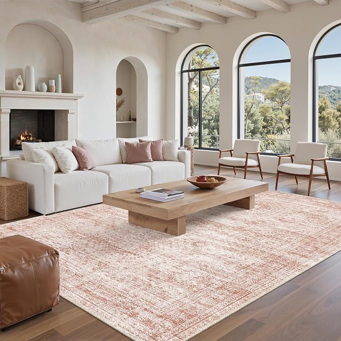 Soalmost 6x9 Area Rug for Living Room Washable Rugs Non-Slip Pink | Low-Pile - Image 2