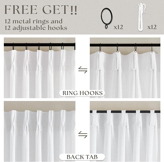 60 Inch Width Curtains 92 Inch White Linen Curtains Pinch Pleated | Linen Blend - Image 5