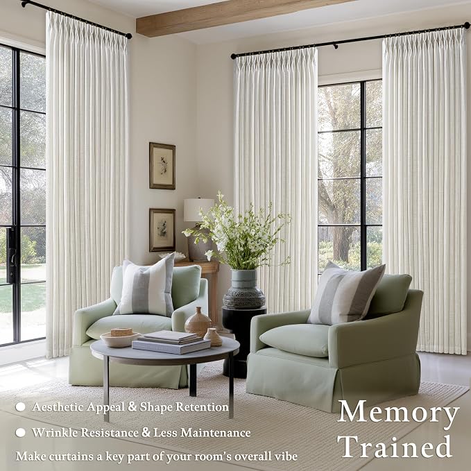 Light Filtering Cream Pinch Pleated 98 Inch Thick Linen Curtains 50Wx98L | Semi - Image 2