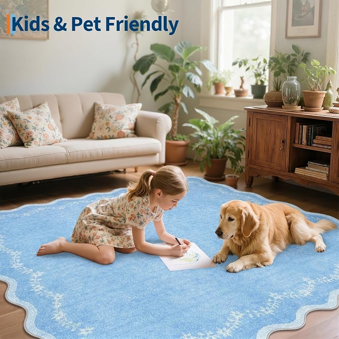 GarveeHome 5x7 Scalloped Area Rug Blue Washable Bedroom Living Room Rug | Soft - Image 7