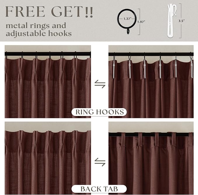 Dark Terracotta 80 Inch Pinch Pleated Linen Semi Sheer Curtains 2 Panels | - Image 5