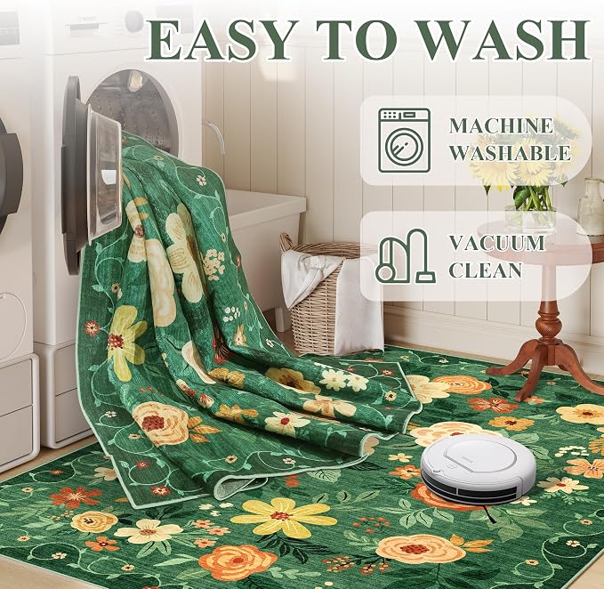 DUKINO 4x6 Area Rug, Floral Washable Office Chair Rug Non Slip, Dark Green | - Image 6