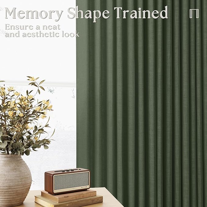 Olive Green Pinch Pleat Linen Semi Sheer Curtains 45 Inch Length 2 Panels | - Image 2