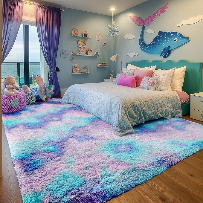 Plush Rainbow Mermaid Rugs for Bedroom Girls, 6x9 Soft Purple Shag Area Rugs - Image 7