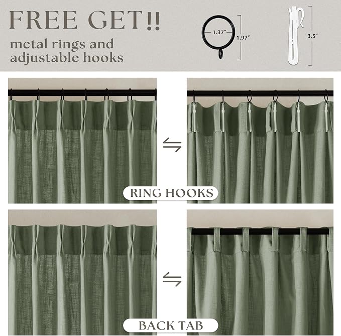 Sage Green Pinch Pleat Semi Sheer Linen Curtains 102 Inches Long 2 Panels | - Image 5