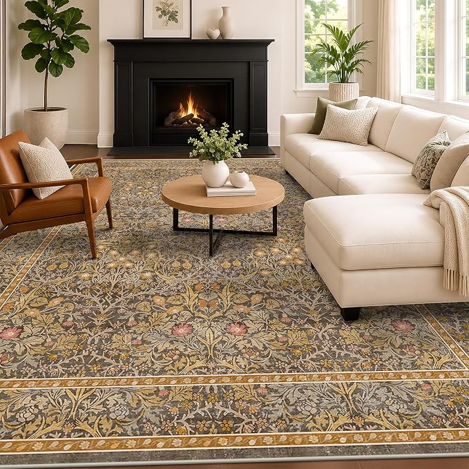Vintage Gold Brown Living Room Rug, 7x10 Washable Area Rugs - Image 6