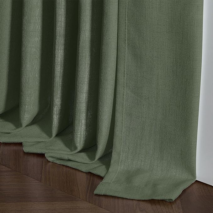 Pleated Semi Sheer Memory Shape Olive Green Linen Curtains 90 Inches Long | - Image 8