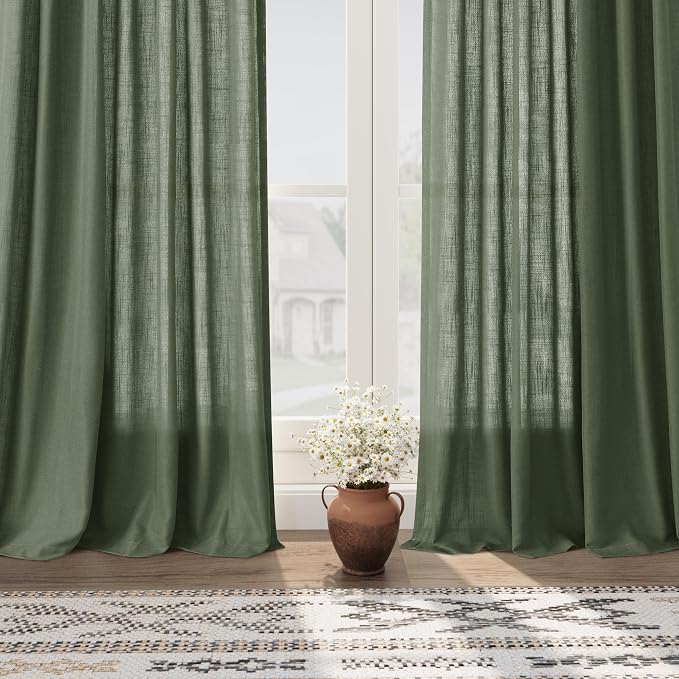 Olive Green Linen Curtains for Living Room 2 Panels Set 100 Inch Length Back - Image 6