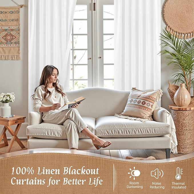 White 100% Blackout Linen Curtains 84 Inches - Image 2