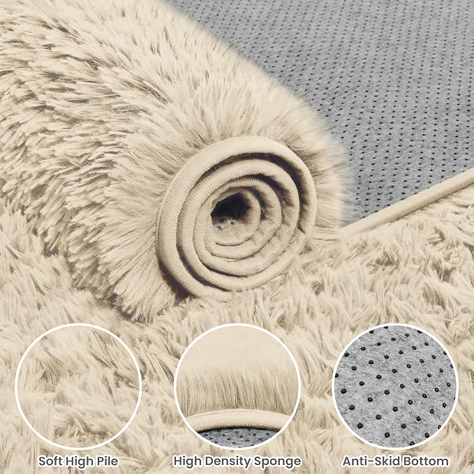 2x6 Fluffy Shag Area Rugs for Living Room Bedroom: Soft Plush Carpet Beige | - Image 6