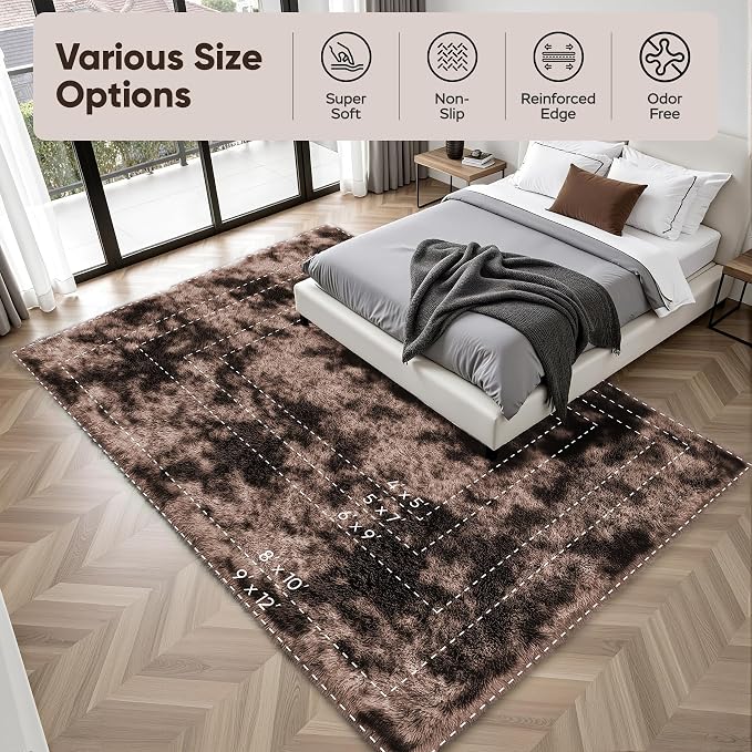 PLHXFR 9x12 Area Rug Living Room: Fluffy Bedroom Soft Shag Rug Coffee Brown | - Image 9
