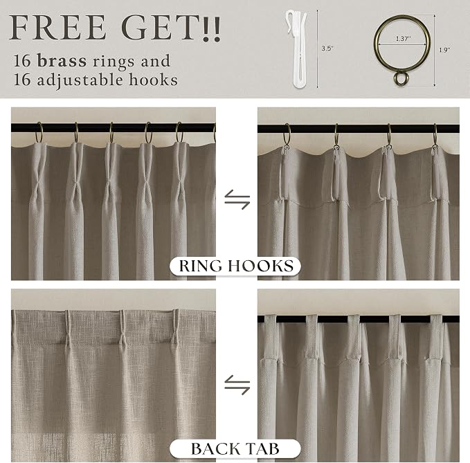 Extra Long Semi Sheer Linen Pleat Curtains Burlywood Birch 126 Inch Long | - Image 6