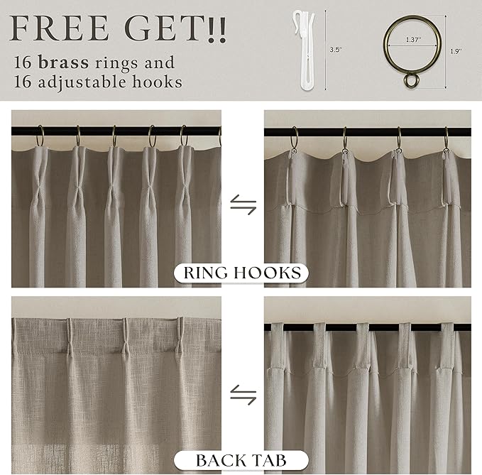 90 Inch Linen Pinch Pleat Semi Sheer Curtains Brown Burlywood Birch 50x90 | - Image 4