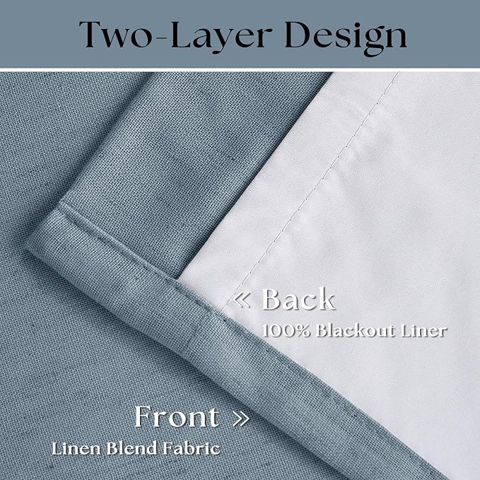 Dusty Blue Pleated Linen 100% Blackout Curtains 102 Inches Long - Image 3