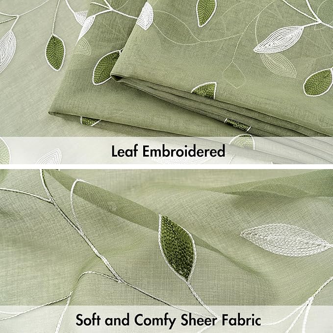 MIULEE Sage Green Sheer Curtains 2 Panels Leaf Patterned, W52 x L45 | - Image 4