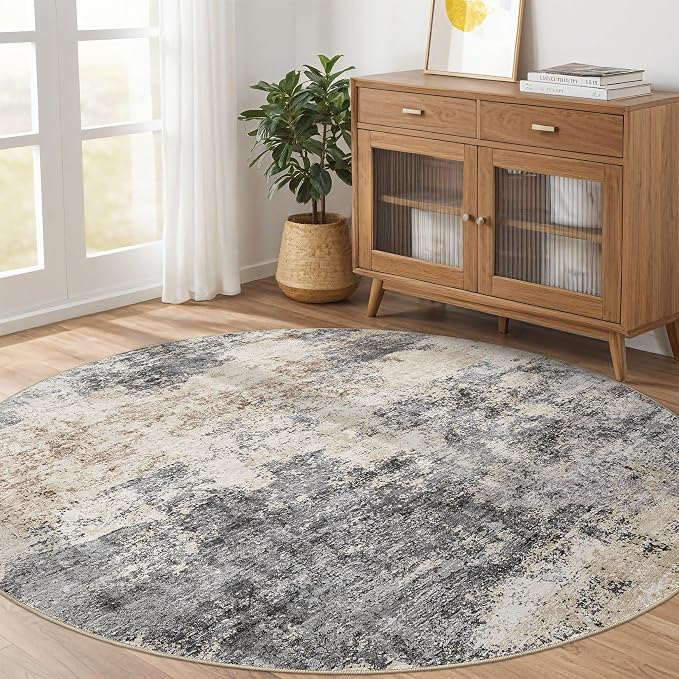 LOONGRUG Round Rug 8x8 Washable Large Neutral Modern Circle Rug Grey Brown | - Image 5