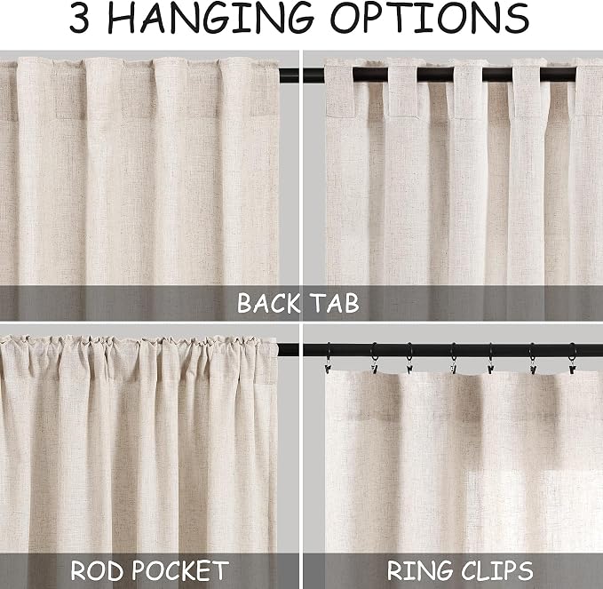 Beige Linen Curtains 96 Inches Long 2 Panels Set Back Tab Rod Pocket Semi Sheer - Image 3
