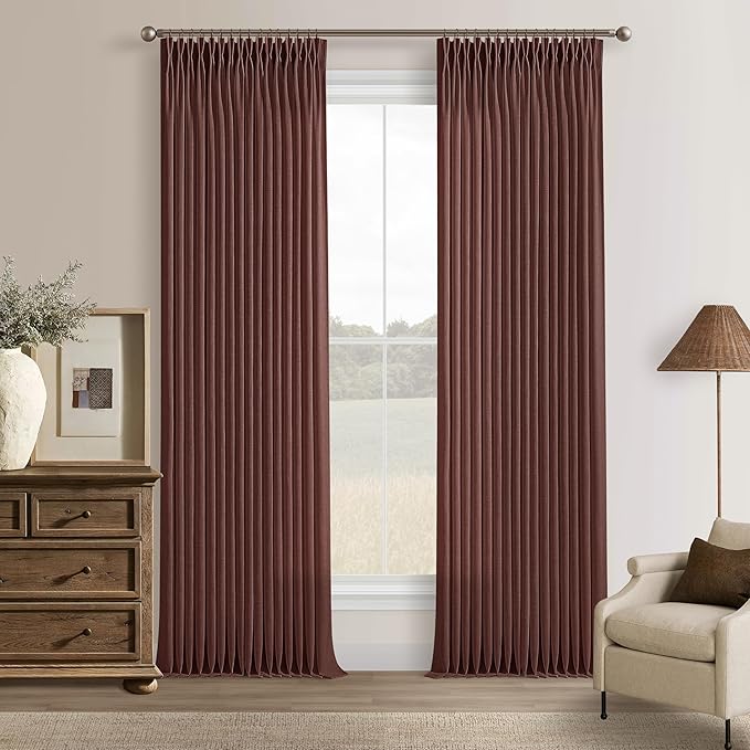 Pinch Pleated Curtains 90 Inch Long Thick Linen Rust Brown Semi Sheer Curtain by Twodrapes
