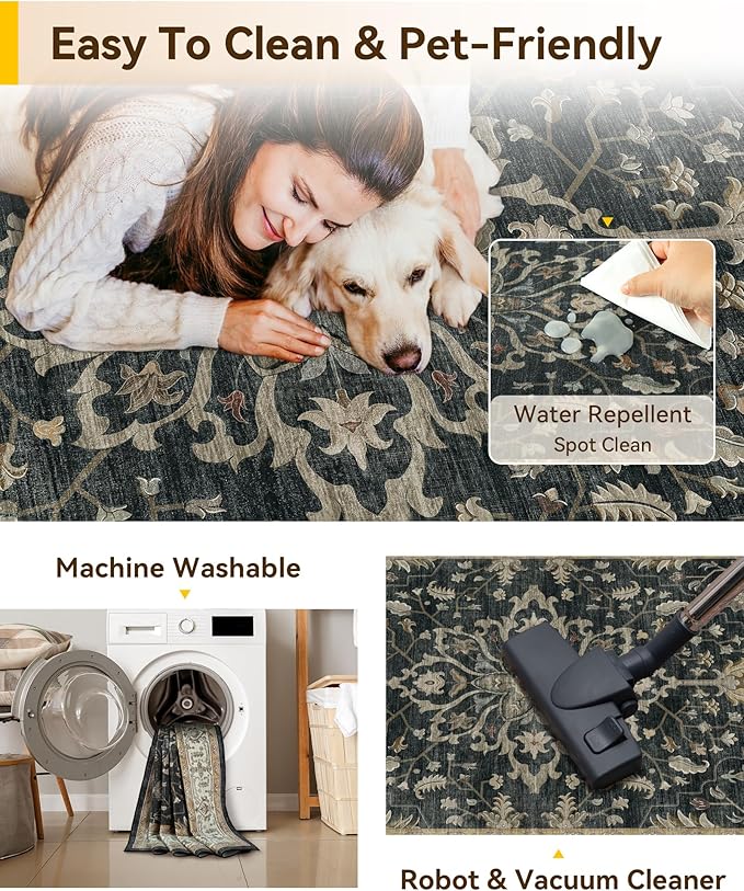RELEANY Washable Area Rug, Water Repellent, Pet Friendly, Vintage Floral Boho - Image 3