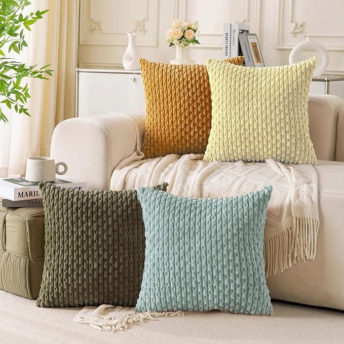 Set of 4 Yellow Olive Aqua Decorative Throw Pillow Covers 22x22 Inch Corduroy by Cozoomy