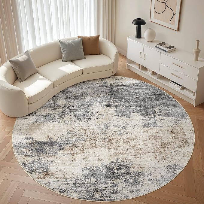 LOONGRUG Round Rug 8x8 Washable Large Neutral Modern Circle Rug Grey Brown | by LOONGRUG
