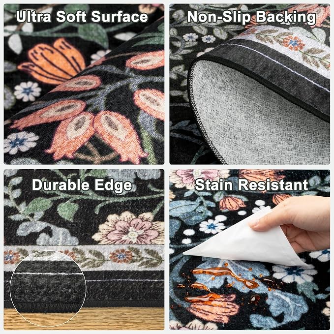 PLHXFR 8x10 Area Rug Living Room: Floral Washable Boho Carpet Dark Black | - Image 6