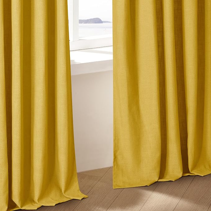 Mustard Yellow Pleated Semi Sheer Linen Curtains 108 Inches Long 2 Panel | - Image 9