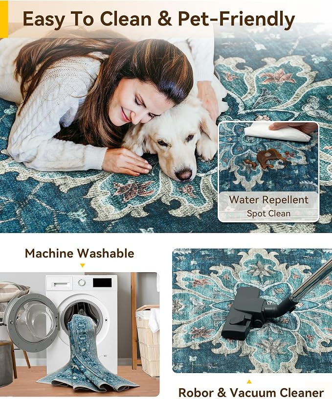 RELEANY Washable Area Rug, Square 8'x8', Teal | Non-Slip, Water Repellent - Image 4