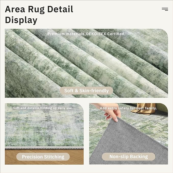 Soalmost Abstract Area Rug 6x9 for Living Room Washable Rugs Green/Ivory | - Image 6