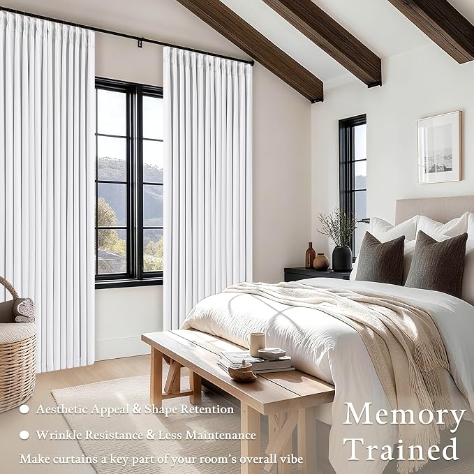Snow White Pleated Linen 100% Blackout Curtains 105 Inches Long | Pinch Pleat - Image 4