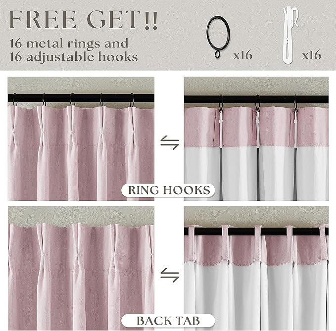 Light Pink Pinch Pleat 100% Blackout Linen Bedroom Curtains 96 Inch Length | - Image 6