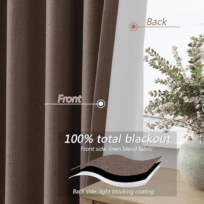 Mocha Mousse 100% Blackout Linen Curtains 96 Inch Length 2 Panels Set - Image 4