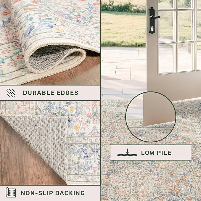 Vintage Washable Beige Blue 10x14 Rug - Image 7