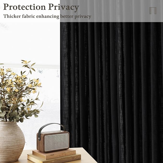 Pinch Pleated Linen Pleated Semi Sheer Black Curtains 96 Inch Long 2 Panels | - Image 6