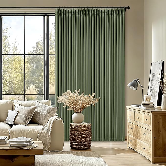 96 Inch Olive Green Linen Pinch Pleated Blackout Curtains - Image 7