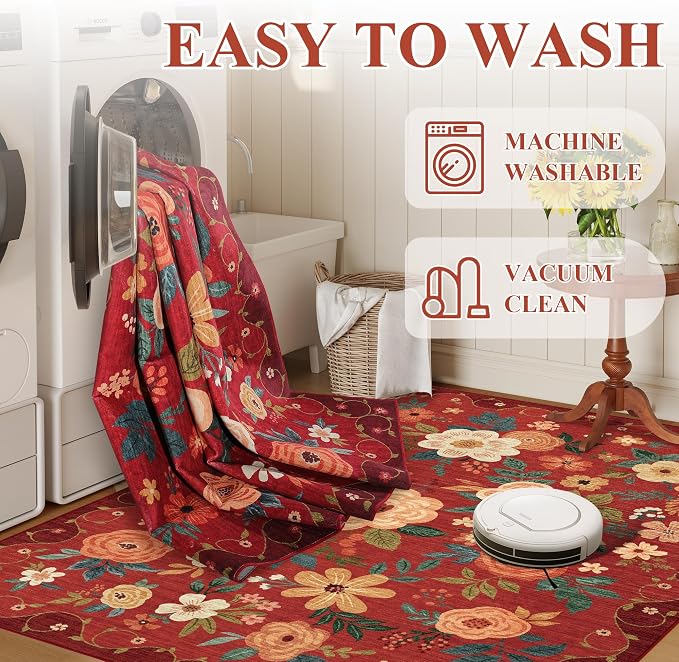 DUKINO 8x10 Area Rugs, Floral Washable Living Room Rug Non Slip, Stain Resistant - Image 7